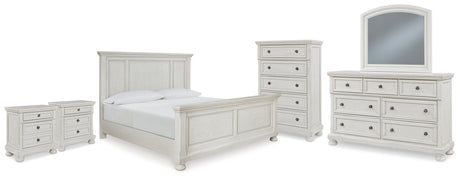 Robbinsdale King Panel Bed with Mirrored Dresser, Chest and 2 Nightstands in Antique White from Ashley - Luna Furniture