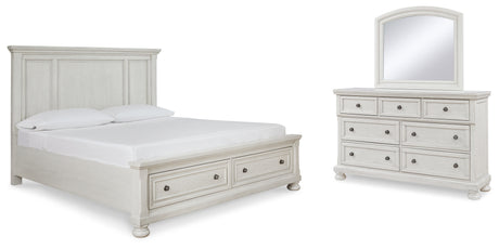 Robbinsdale Antique White King Panel Storage Bed, Dresser and Mirror from Ashley - Luna Furniture