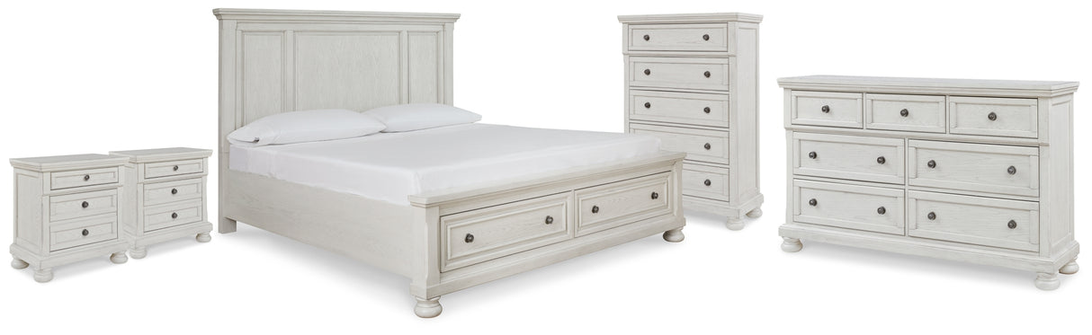 Robbinsdale Antique White King Sleigh Bed with Storage and Dresser, 2 Nightstands from Ashley - Luna Furniture
