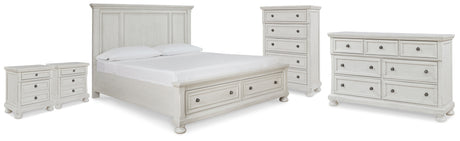 Robbinsdale Antique White King Sleigh Bed with Storage and Dresser, 2 Nightstands from Ashley - Luna Furniture