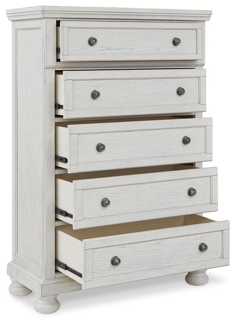 Robbinsdale Antique White King Sleigh Bed with Storage and Dresser, 2 Nightstands from Ashley - Luna Furniture