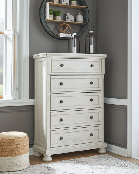Robbinsdale Antique White King Sleigh Bed with Storage and Dresser, 2 Nightstands from Ashley - Luna Furniture
