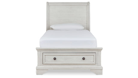 Robbinsdale Twin Sleigh Storage Bed with Mirrored Dresser and Nightstand in Antique White from Ashley Furniture - Luna Furniture