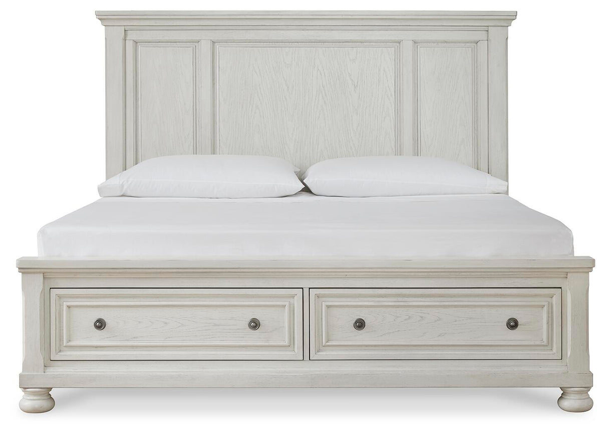 Robbinsdale Antique White King Sleigh Bed with Storage and Dresser, 2 Nightstands from Ashley - Luna Furniture