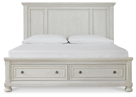 Robbinsdale Antique White King Sleigh Bed with Storage and Dresser, 2 Nightstands from Ashley - Luna Furniture