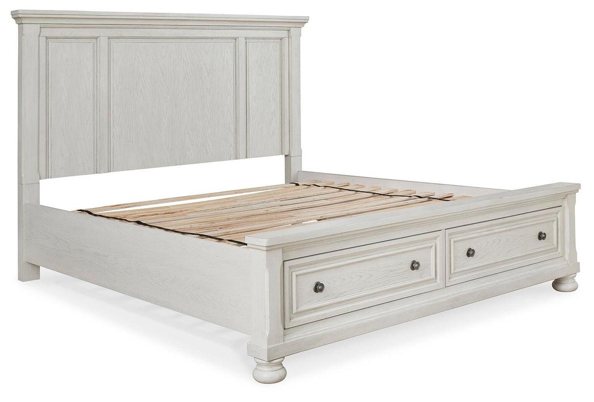 Robbinsdale Antique White King Sleigh Bed with Storage and Dresser, 2 Nightstands from Ashley - Luna Furniture