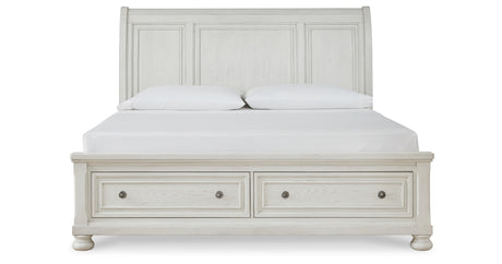 Robbinsdale California King Sleigh Bed with Storage with Mirrored Dresser in Antique White from Ashley Furniture - Luna Furniture