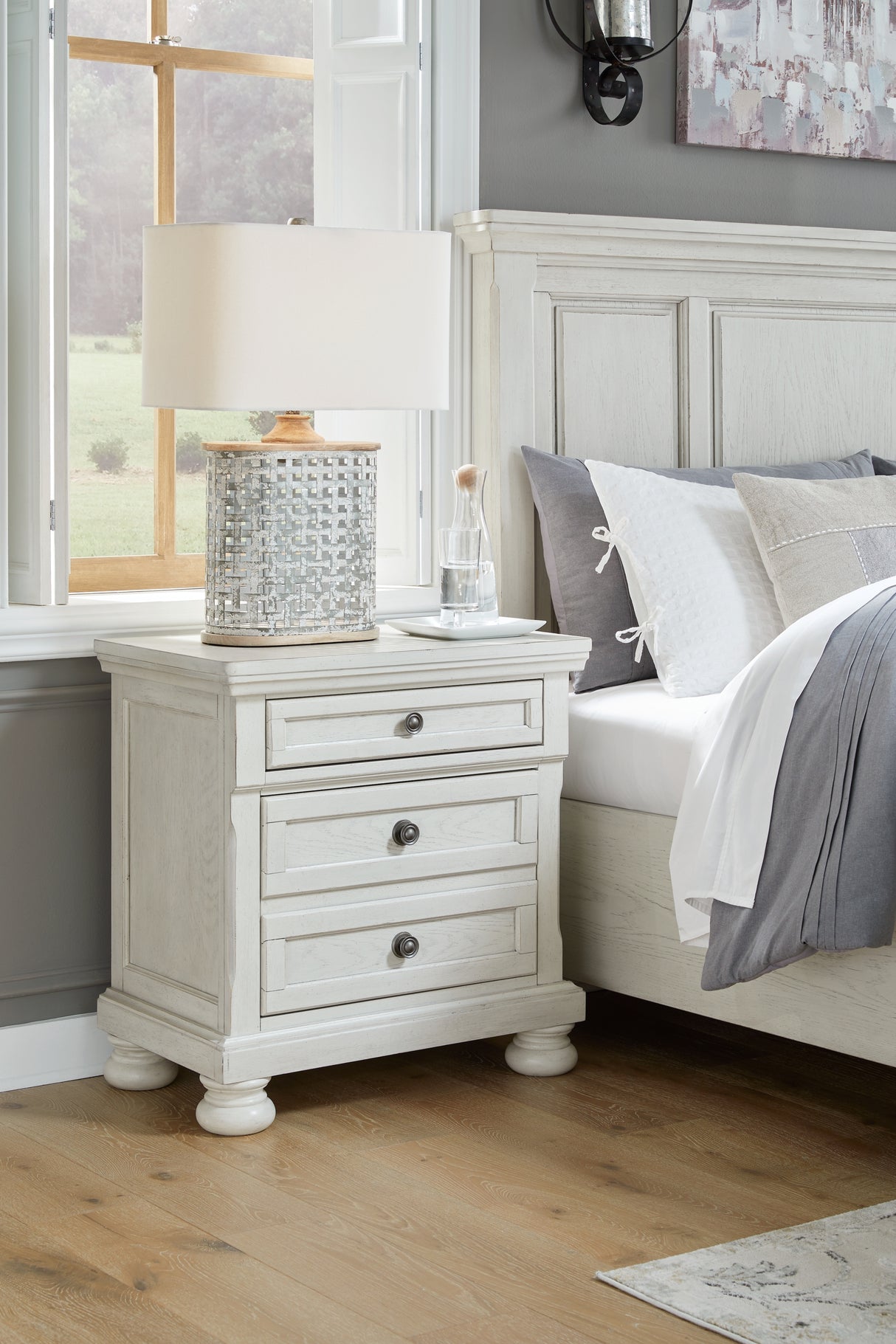 Robbinsdale Antique White King Sleigh Bed with Storage and Dresser, 2 Nightstands from Ashley - Luna Furniture