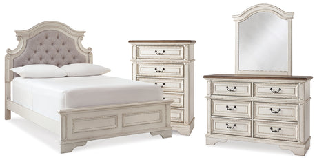 Realyn Full Panel Bed with Mirrored Dresser and Chest in Chipped White from Ashley - Luna Furniture