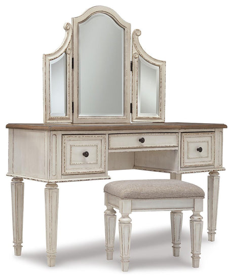 Realyn Chipped White Twin Upholstered Panel Bed, Chest, Vanity and Nightstand from Ashley - Luna Furniture