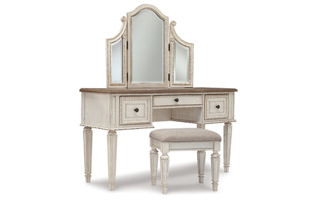 Realyn Two-tone Queen Upholstery Panel Bed, Dresser, Chest, Nightstand, and Vanity Set from Ashley - Luna Furniture
