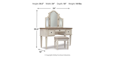 Realyn Two-tone Queen Upholstery Panel Bed, Dresser, Chest, Nightstand, and Vanity Set from Ashley - Luna Furniture