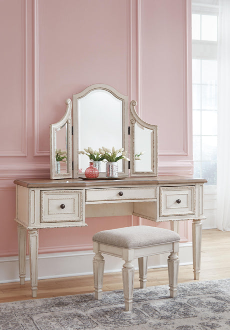 Realyn Two-tone Vanity and Mirror with Stool from Ashley Furniture - Luna Furniture