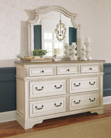 Realyn Queen Upholstered Panel Bed with Mirrored Dresser and 2 Nightstands in Chipped White from Ashley Furniture - Luna Furniture