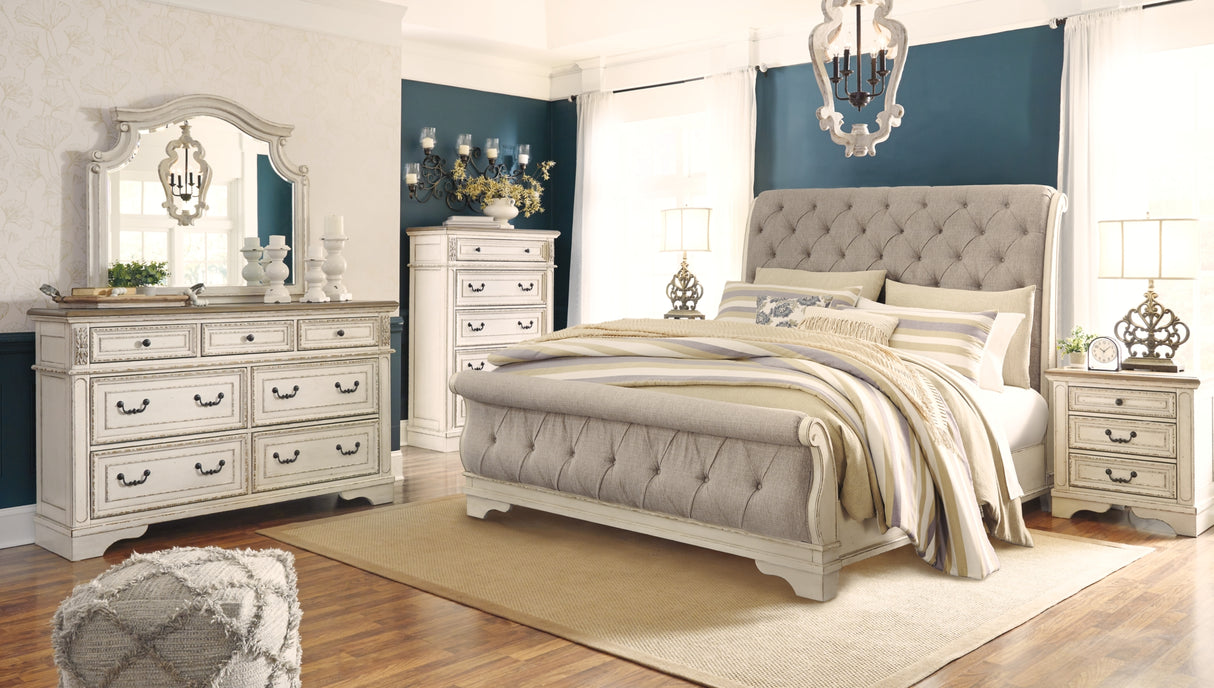 Realyn Chipped White King Upholstered Sleigh Bed from Ashley - Luna Furniture