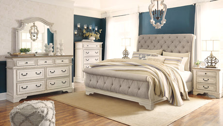 Realyn Chipped White Upholstered Sleigh Bedroom Set from Ashley - Luna Furniture