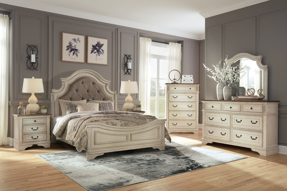 Realyn Queen Upholstered Panel Bed with Mirrored Dresser and 2 Nightstands in Chipped White from Ashley Furniture - Luna Furniture