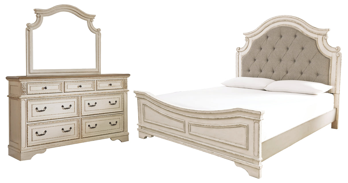 Realyn Chipped White Queen Upholstered Panel Bed with Mirrored Dresser from Ashley Furniture - Luna Furniture