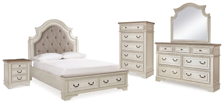 Realyn Two-tone Queen Upholstered Bed, Dresser, Mirror, Chest and Nightstand from Ashley Furniture - Luna Furniture