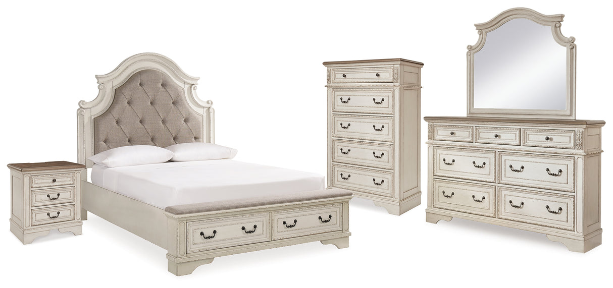Realyn Chipped White Upholstered Storage Platform Bedroom Set with Footboard Bench from Ashley - Luna Furniture