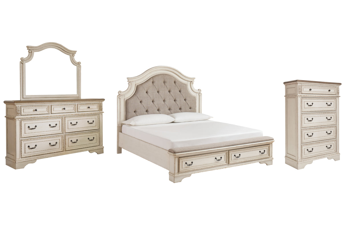 Realyn Two-Tone Queen Upholstered Bed with Mirrored Dresser and Chest from Ashley Furniture - Luna Furniture