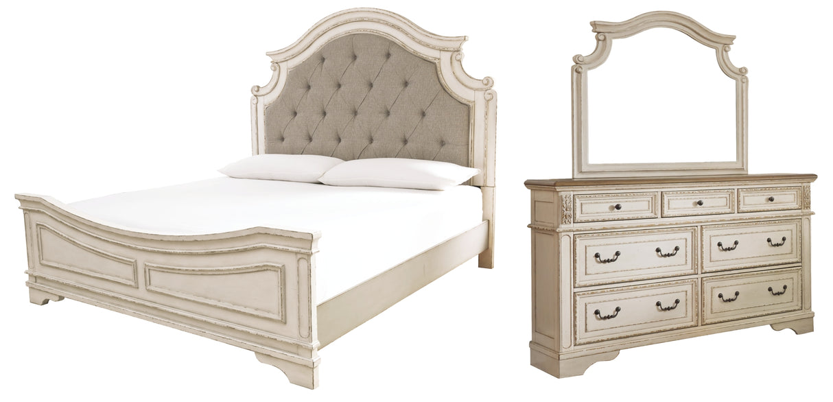 Realyn Chipped White California King Upholstered Panel Bed with Mirrored Dresser from Ashley Furniture - Luna Furniture