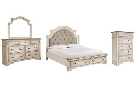 Realyn Two-Tone King Upholstered Bed with Mirrored Dresser and Chest from Ashley - Luna Furniture