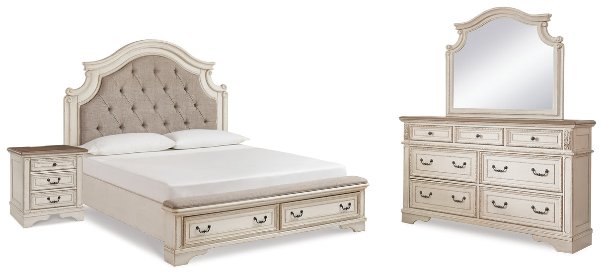 Realyn Chipped White Upholstered Storage Platform Bedroom Set with Footboard Bench from Ashley - Luna Furniture