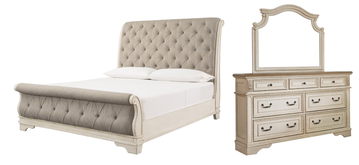 Realyn Chipped White Queen Sleigh Bed with Mirrored Dresser from Ashley Furniture - Luna Furniture