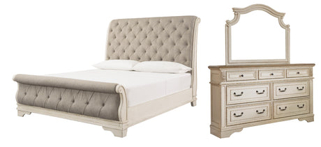 Realyn Chipped White Queen Sleigh Bed with Mirrored Dresser from Ashley Furniture - Luna Furniture