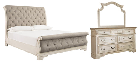 Realyn Chipped White California King Sleigh Bed with Mirrored Dresser from Ashley Furniture - Luna Furniture