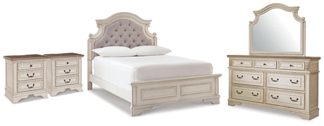 Realyn Two-tone Full Upholstered Panel Bed, Dresser, Mirror and 2 Nightstands from Ashley - Luna Furniture