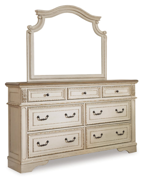 Realyn Two-tone California King Upholstered Bed with Mirrored Dresser and Chest from Ashley Furniture - Luna Furniture