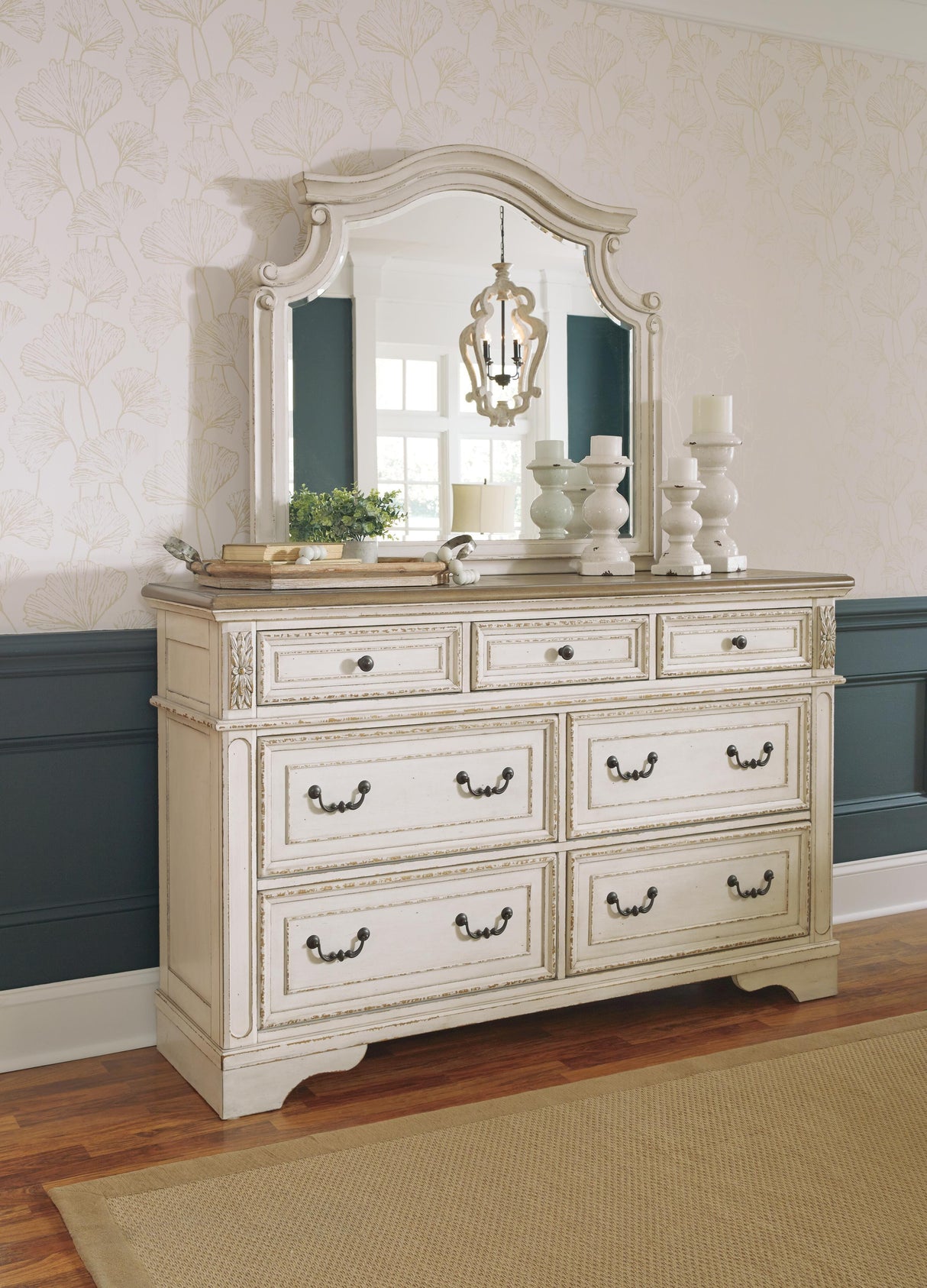 Realyn Two-tone King Panel Bed, Dresser, Mirror and Nightstand from Ashley Furniture - Luna Furniture