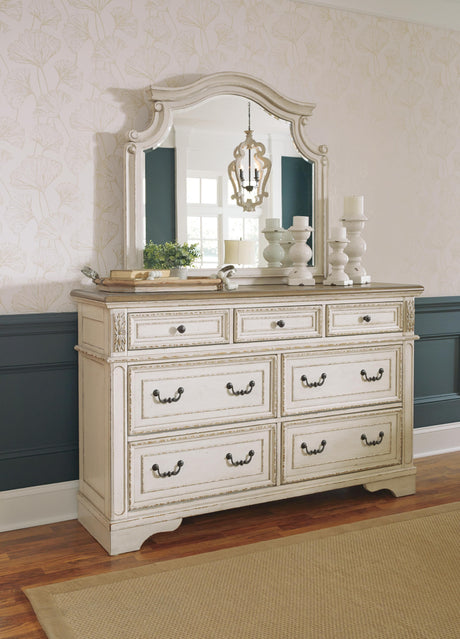 Realyn Two-tone King Panel Bed, Dresser, Mirror and Nightstand from Ashley Furniture - Luna Furniture