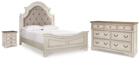 Realyn Chipped White Queen Upholstered Panel Bed, Dresser and Nightstand from Ashley - Luna Furniture