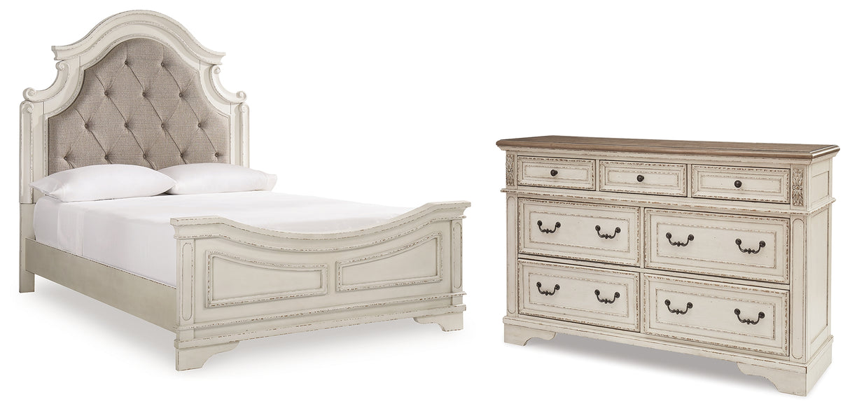 Realyn Queen Upholstered Panel Bed with Dresser in Chipped White from Ashley Furniture - Luna Furniture