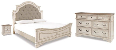 Realyn Chipped White King Upholstered Panel Bed, Dresser and Nightstand from Ashley - Luna Furniture
