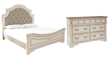 Realyn Chipped White California King Upholstered Panel Bed with Dresser from Ashley Furniture - Luna Furniture