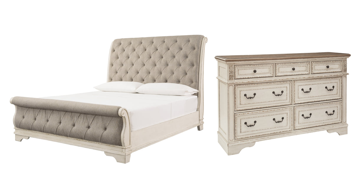 Realyn Chipped White Queen Sleigh Bed with Dresser from Ashley Furniture - Luna Furniture