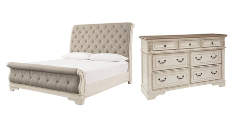 Realyn Chipped White Queen Sleigh Bed with Dresser from Ashley Furniture - Luna Furniture