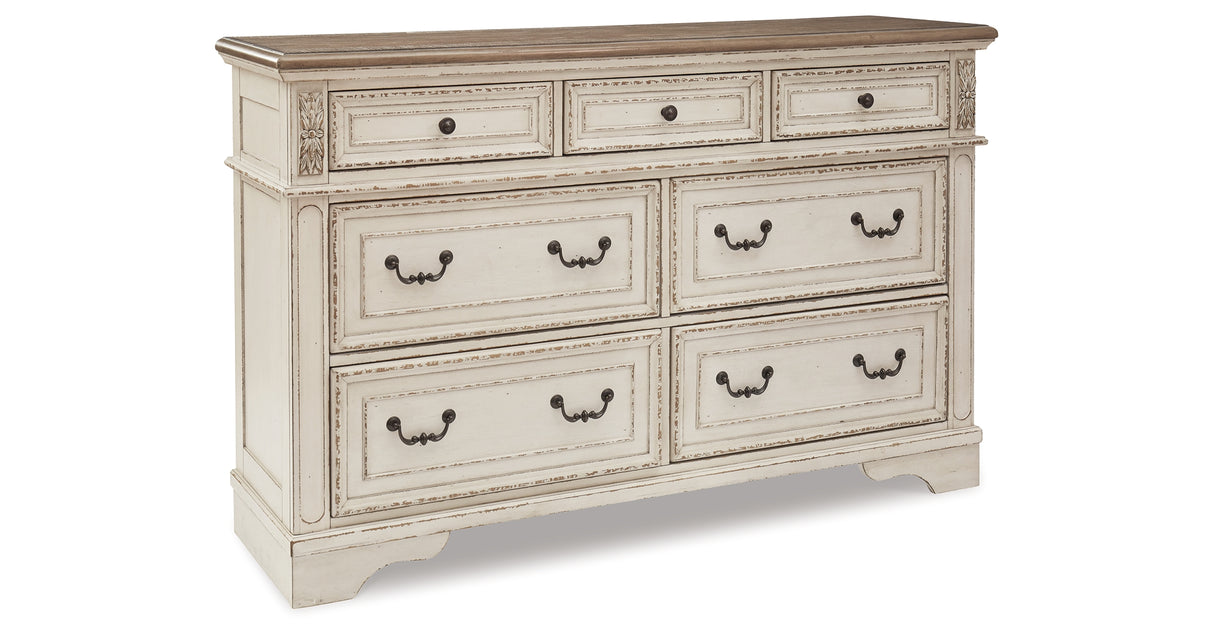 Realyn Two-tone Queen Upholstery Panel Bed, Dresser, Chest, Nightstand, and Vanity Set from Ashley Furniture - Luna Furniture