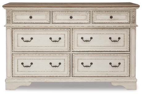 Realyn Chipped White Queen Upholstered Panel Bed, Dresser, Chest and Nightstand from Ashley - Luna Furniture