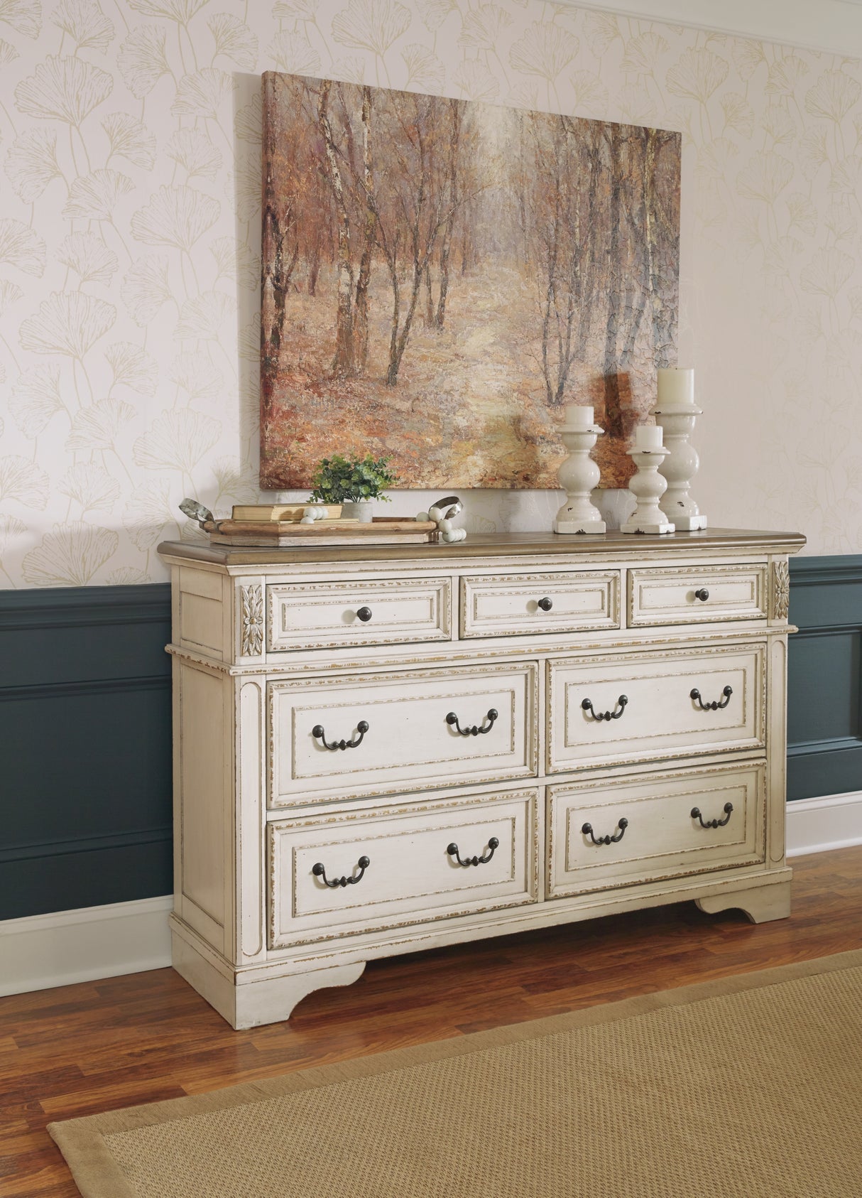 Realyn Chipped White King Upholstered Panel Bed, Dresser, Chest and 2 Nightstands from Ashley - Luna Furniture