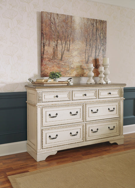 Realyn Chipped WhiteKing Sleigh Bed, Dresser and 2 Nightstands from Ashley Furniture - Luna Furniture