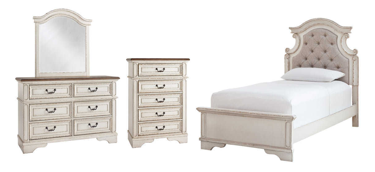 Realyn Chipped White Twin Panel Bed with Mirrored Dresser and Chest from Ashley - Luna Furniture