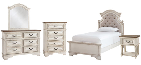 Realyn Twin Panel Bed with Mirrored Dresser, Chest and Nightstand in Chipped White from Ashley - Luna Furniture