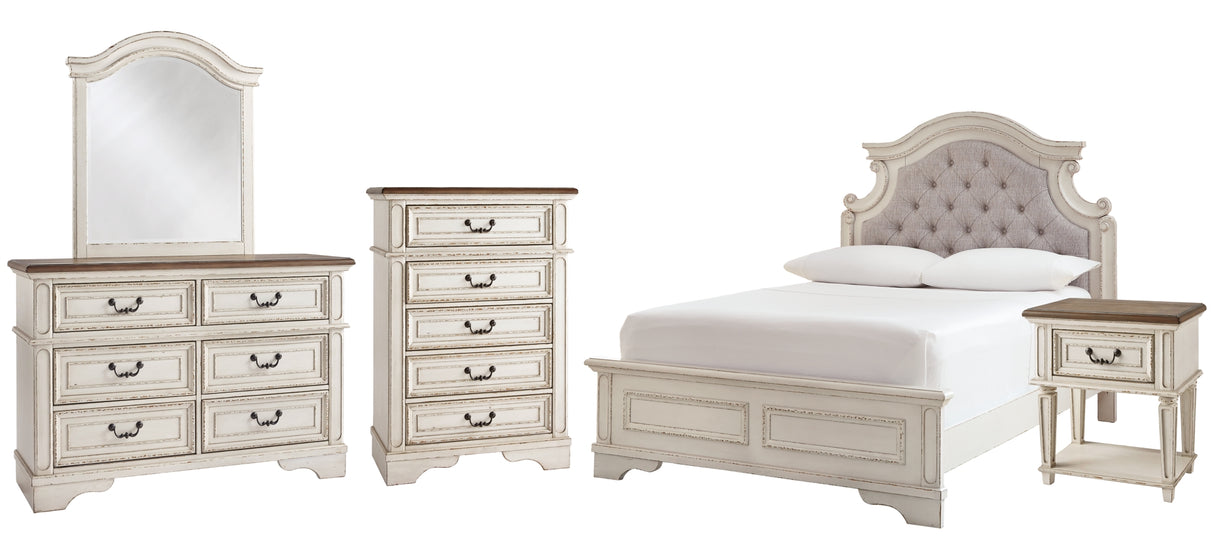 Realyn Full Panel Bed with Mirrored Dresser, Chest and Nightstand in Chipped White from Ashley - Luna Furniture