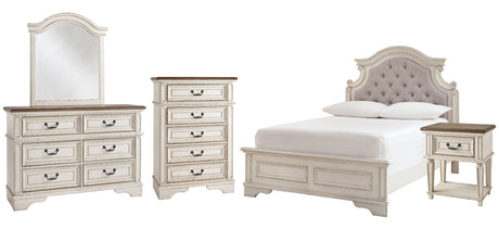 Realyn Chipped White Full Panel Bed with Mirrored Dresser, Chest and Nightstand in from Ashley - Luna Furniture