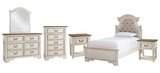 Realyn Twin Panel Bed with Mirrored Dresser, Chest and 2 Nightstands in Chipped White from Ashley - Luna Furniture